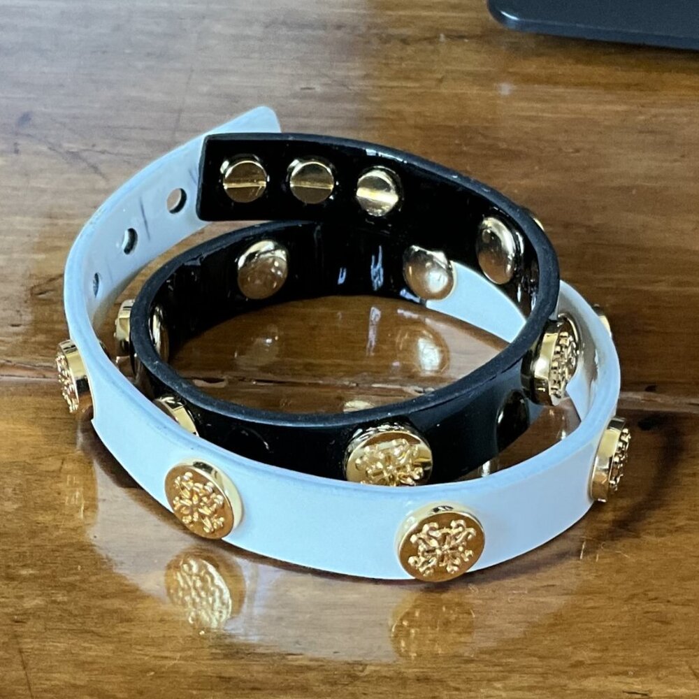 Rustic Cuff Meagan White and Black Double Wrap Leather Bracelet Gold Logo